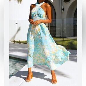 Crossover halter neckline Backless style with nape tie Boho Floral Dress